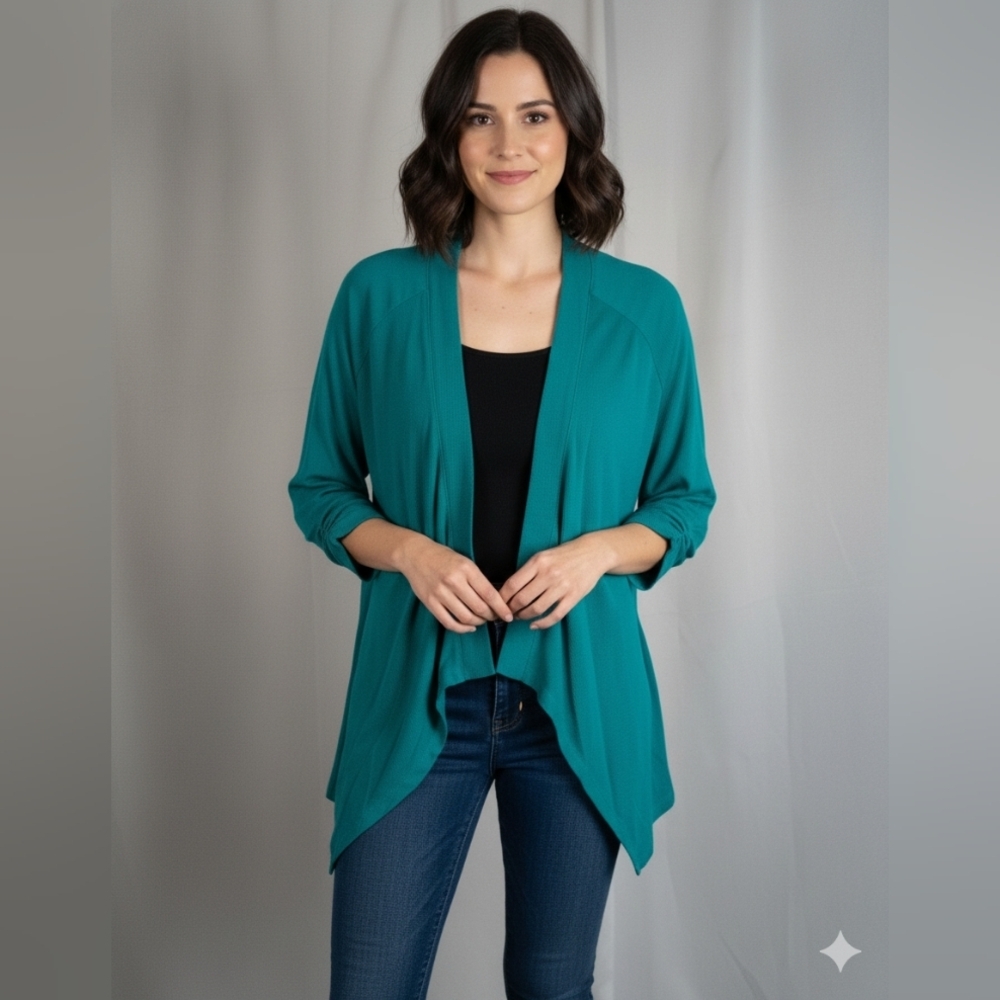 Elegant‎ Teal Draped Cardigan Open Front Knit Relaxed Layering Versatile